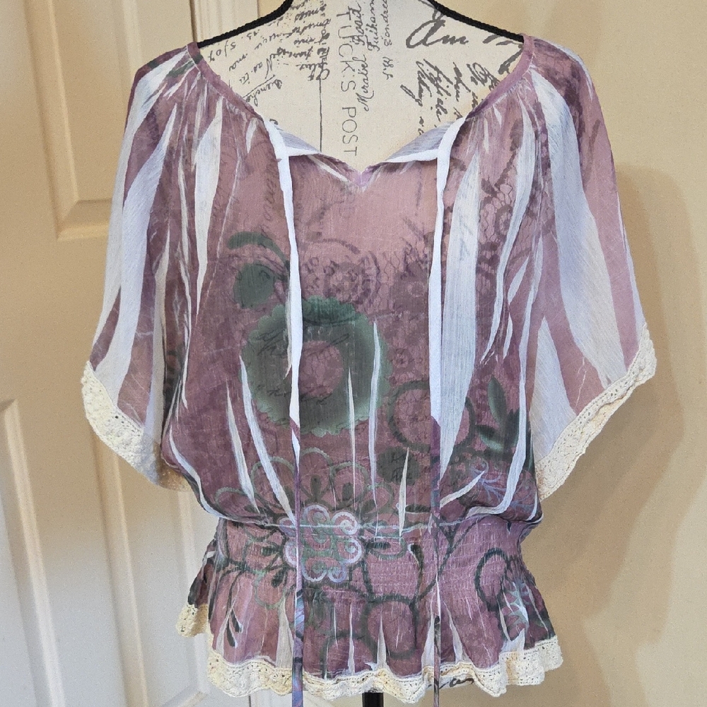 Cocomo Sheer Purple and Green Floral Blouse